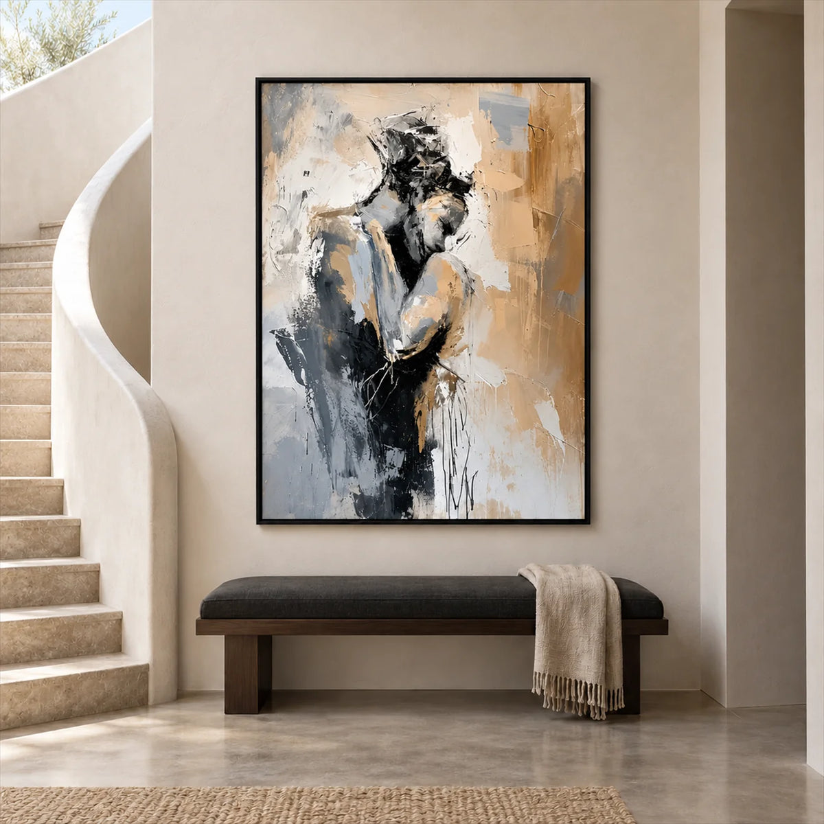 Gilded Muse framed portrait displayed above a bench in a bright entryway