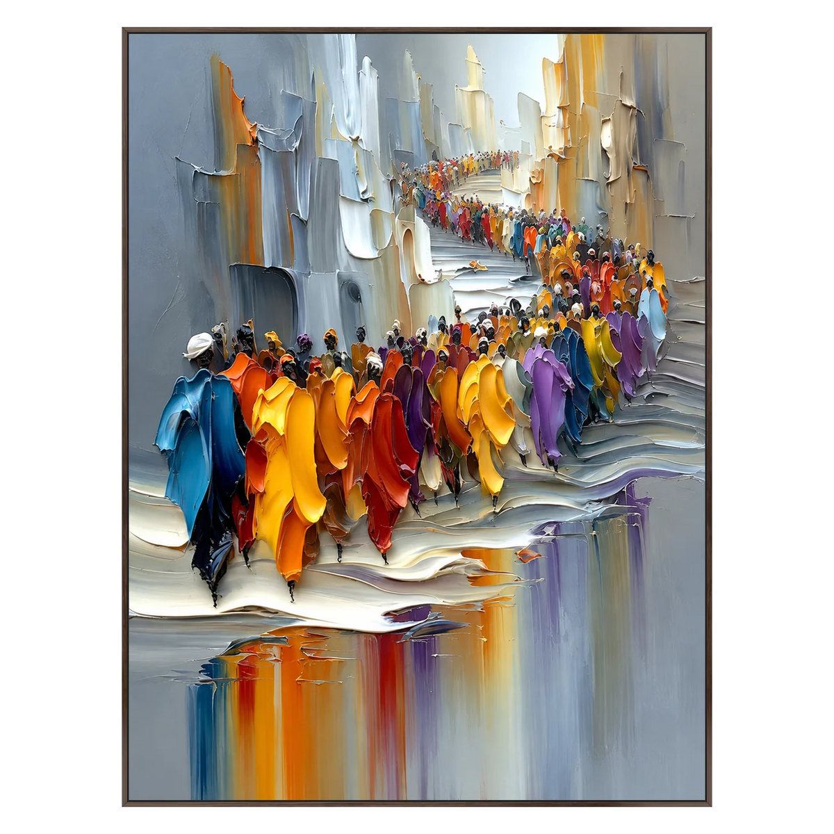 City parade wall art in a dark frame, showing colorful figures and gray city buildings against a black background.