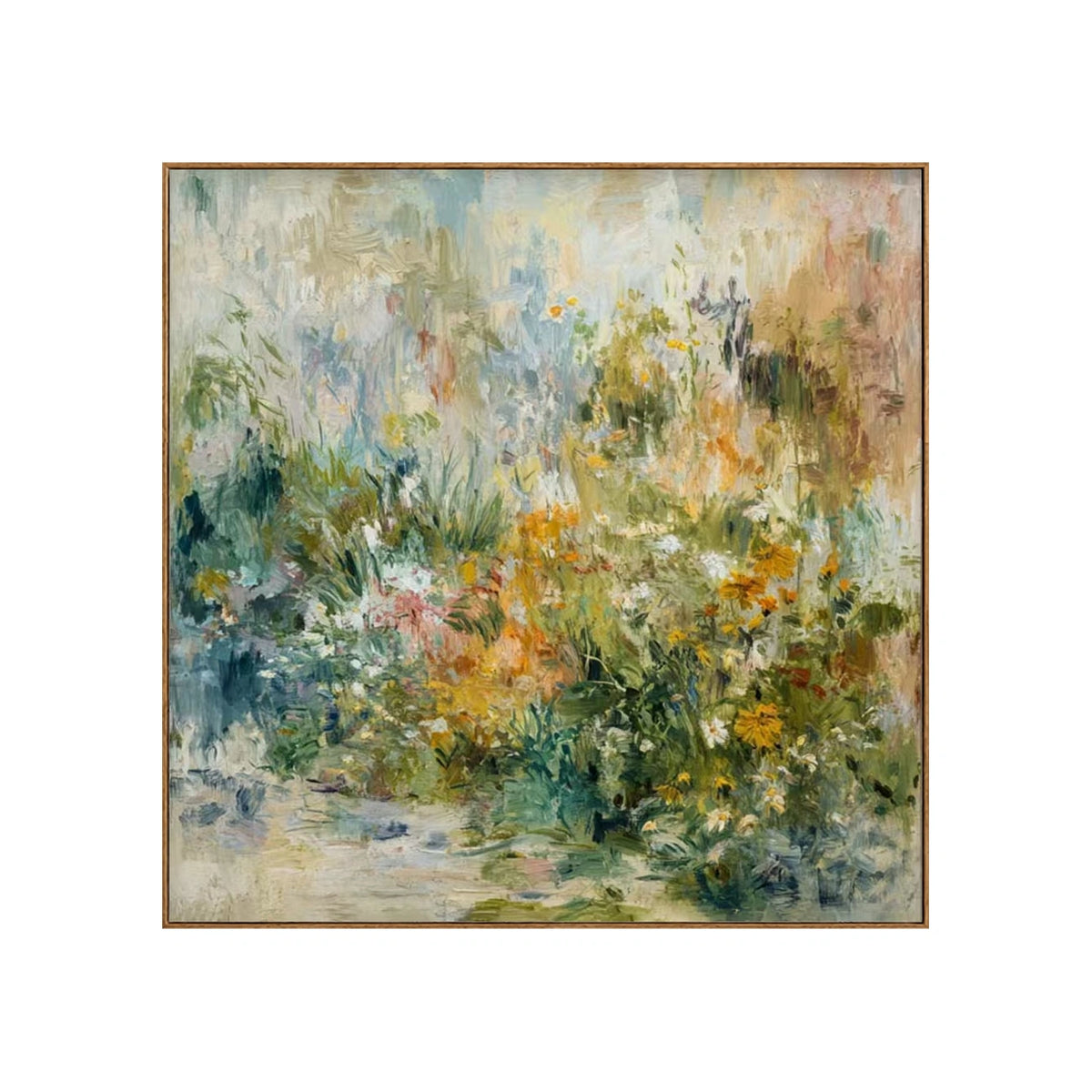 Morning Garden Haze Wall Art β full artwork in a natural wood frame