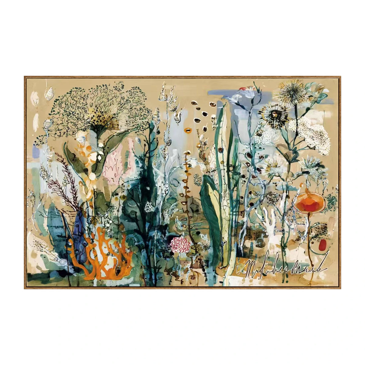 Meadow Stems in Ochre Wall Art β full artwork in a natural wood frame