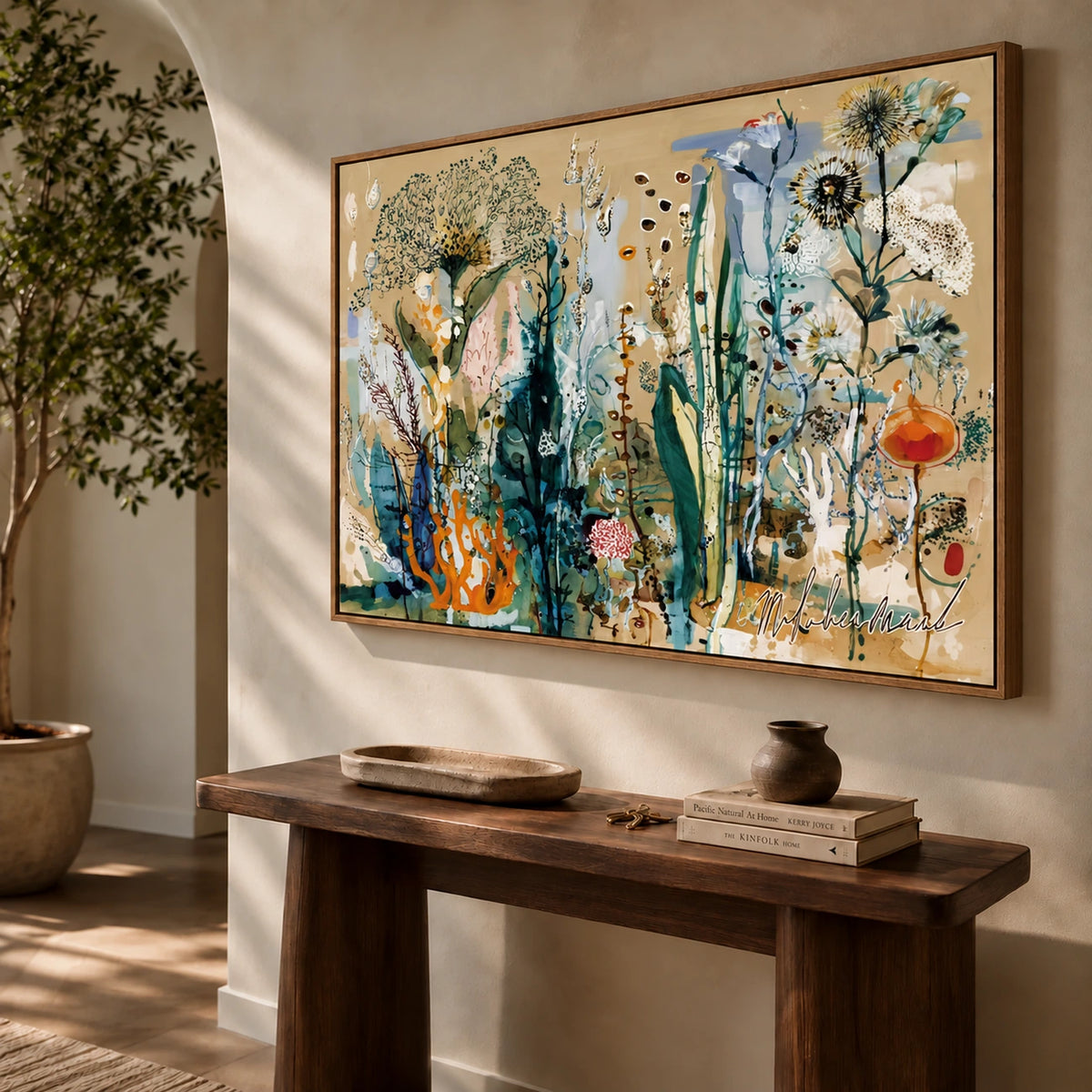 Meadow Stems in Ochre Wall Art β interior room setting 3