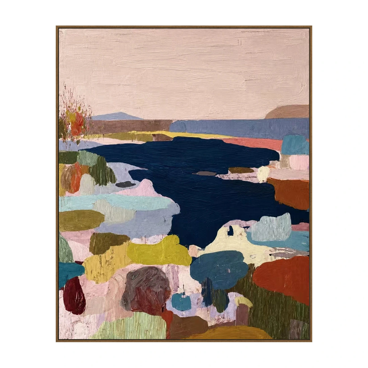 Indigo Estuary Wall Art β full artwork in a natural wood frame