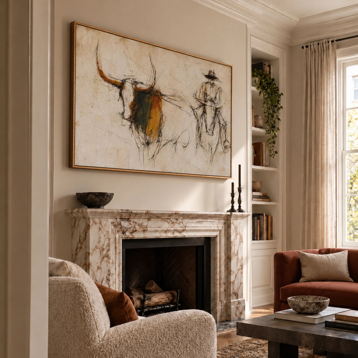 Longhorn Trail Sketch Wall Art β interior room setting 3