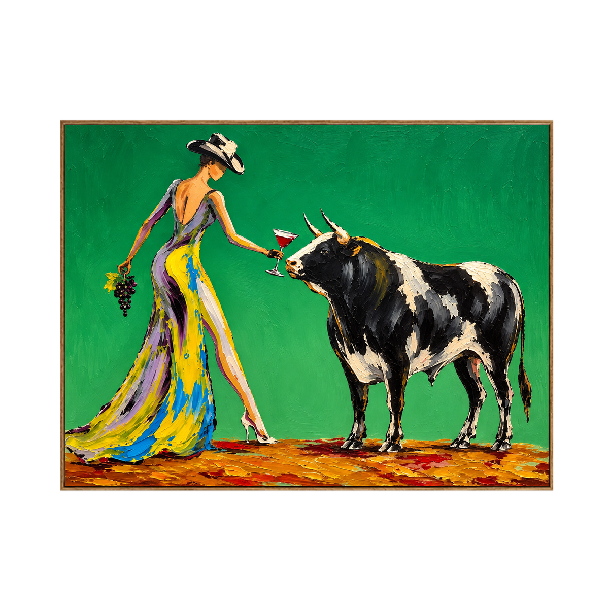 Green Field Bull and Grape Wall Art — full artwork in a natural wood frame