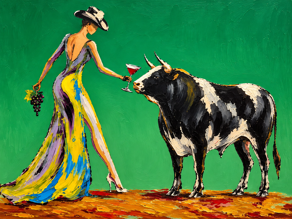 Green Field Bull and Grape Wall Art — complete original artwork