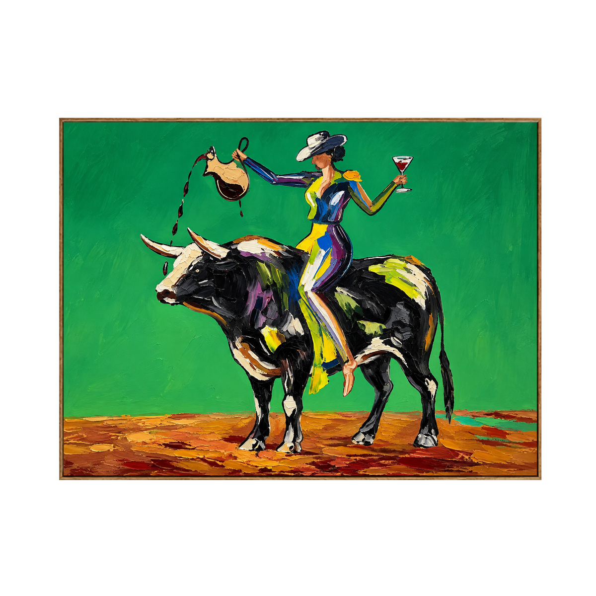 Bull Rider with a Raised Glass Wall Art — full artwork in a natural wood frame