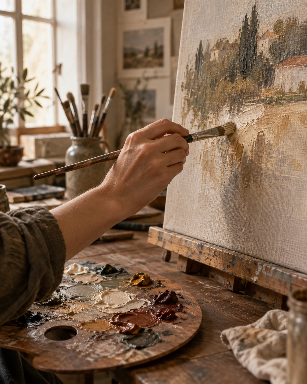 Artist painting an oil canvas by hand in the studio
