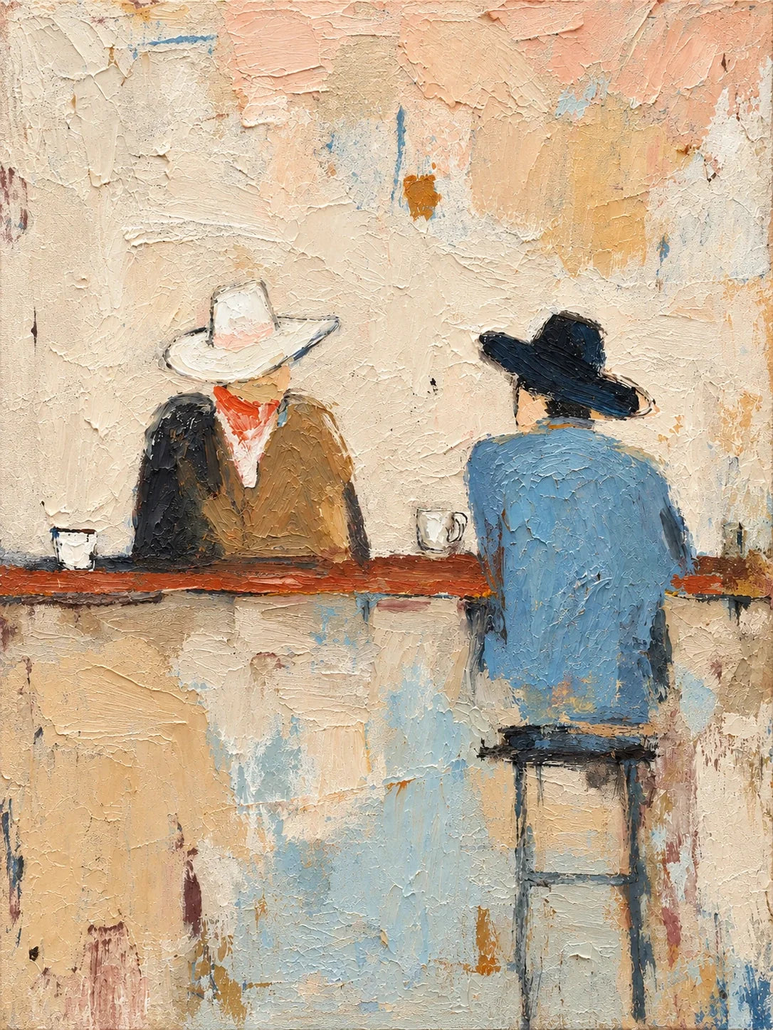 Quiet Saloon Cowboys Textured Wall Art β two cowboys at a saloon bar | Olyrel