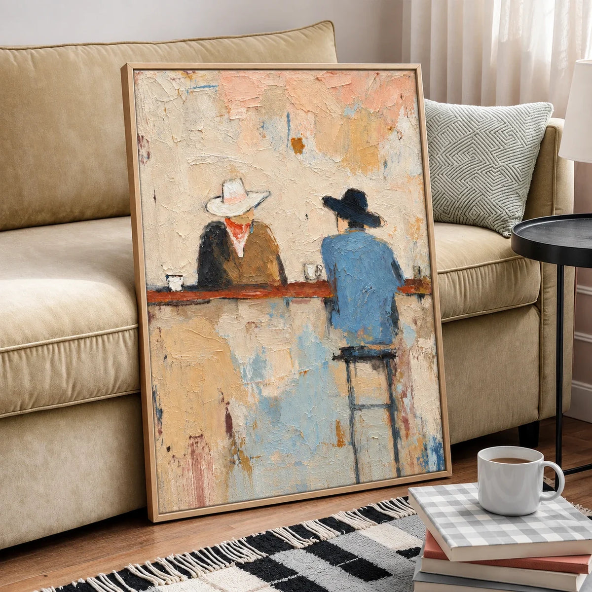 Quiet Saloon Cowboys Textured Wall Art beside a beige sofa | Olyrel