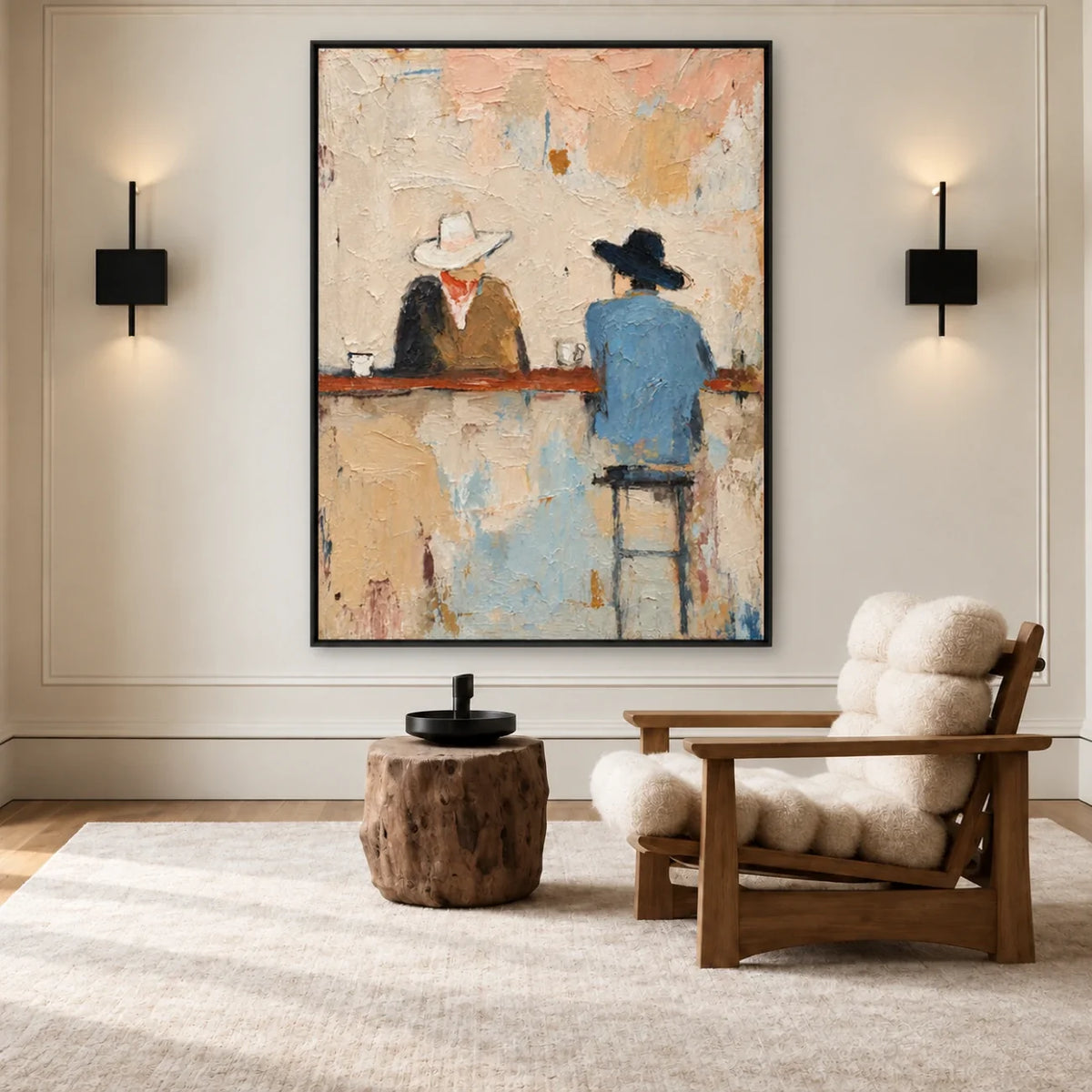 Quiet Saloon Cowboys Textured Wall Art in a reading corner with a black frame | Olyrel