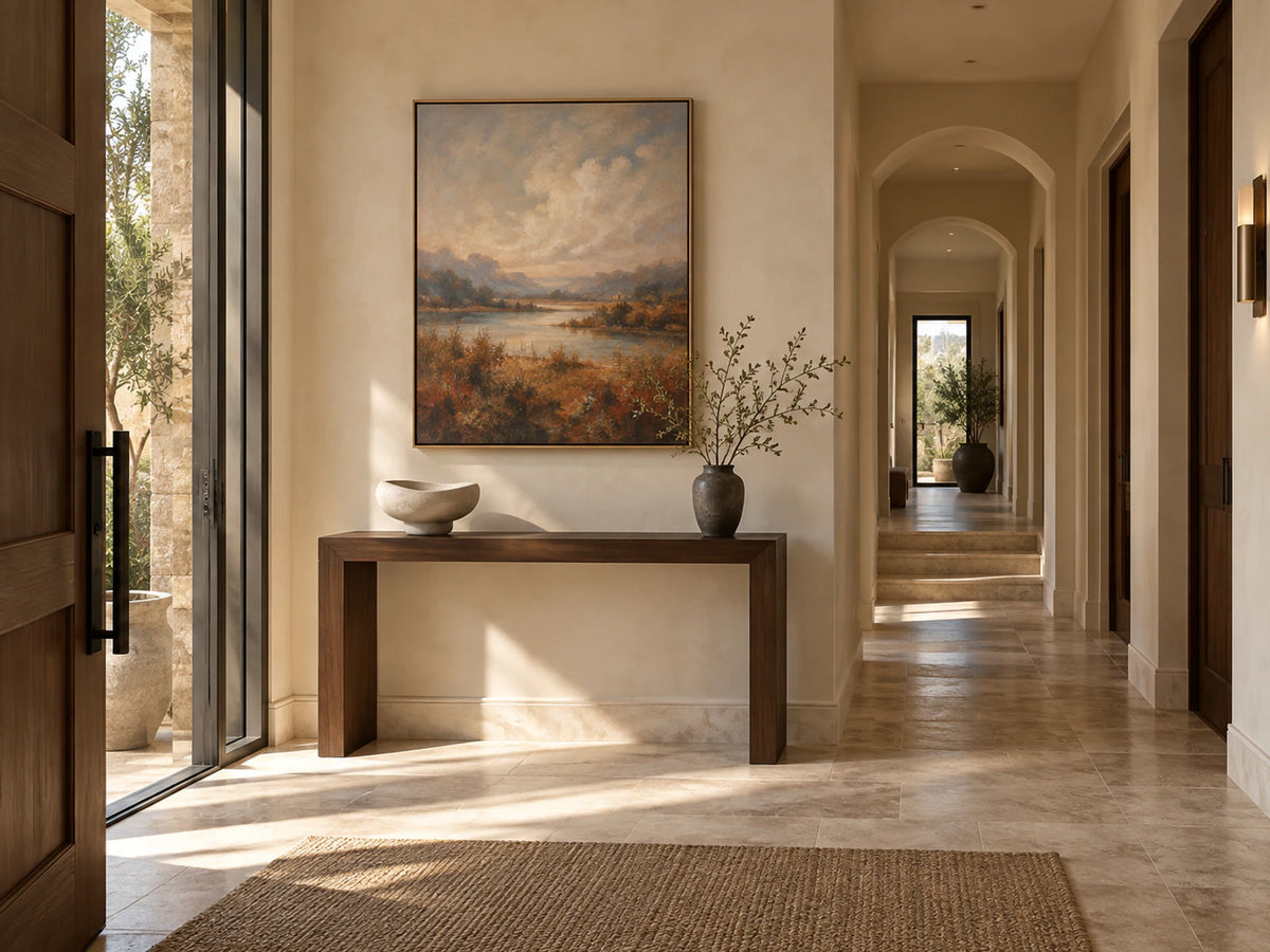 Entryway interior featuring a framed hand-painted artwork