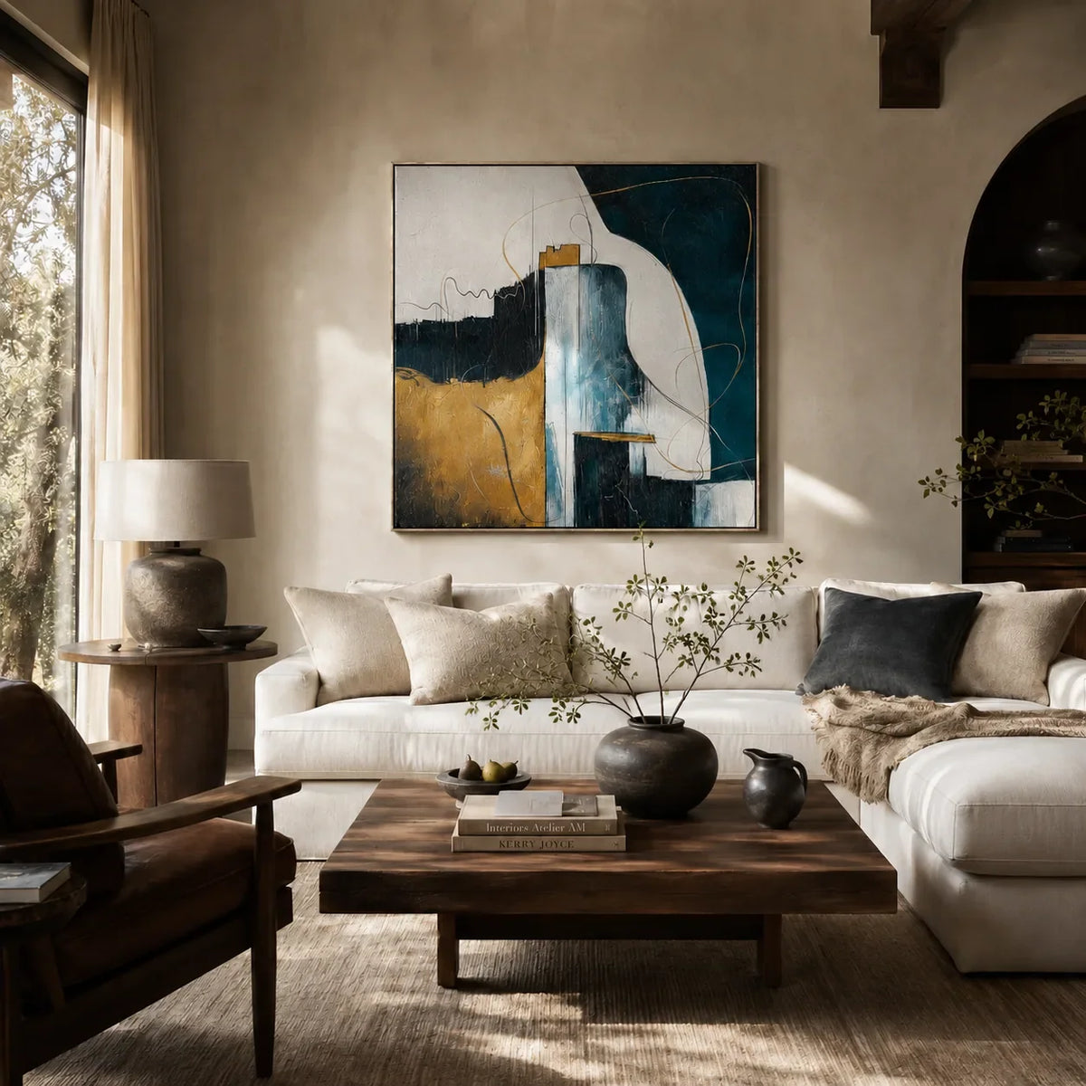 Gilded Current Abstract Wall Art styled in a modern living room | Olyrel