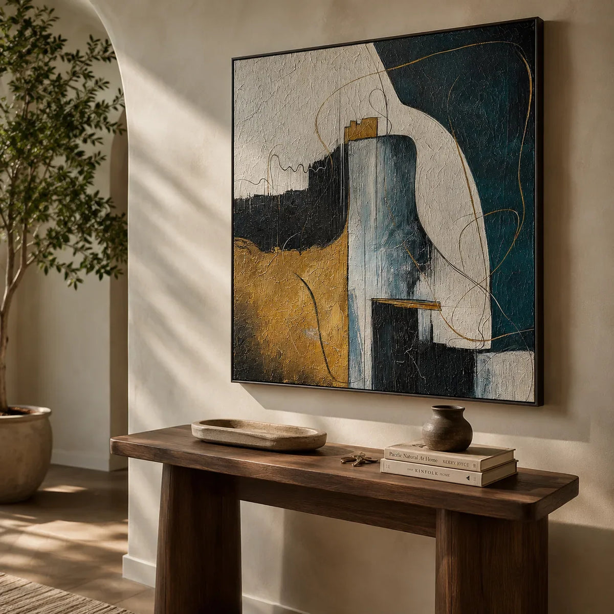 Gilded Current Abstract Wall Art displayed in a bright dining room | Olyrel