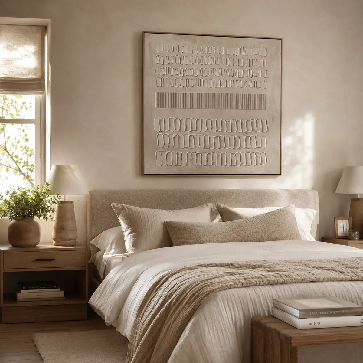 Quiet Marks Textured Wall Art shown in a calm bedroom setting | Olyrel