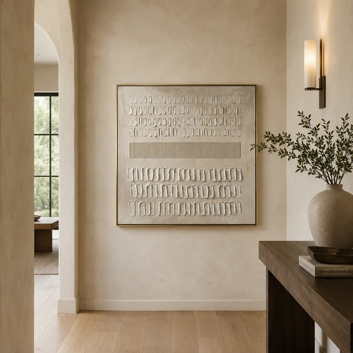 Quiet Marks Textured Wall Art styled with minimal interior decor | Olyrel