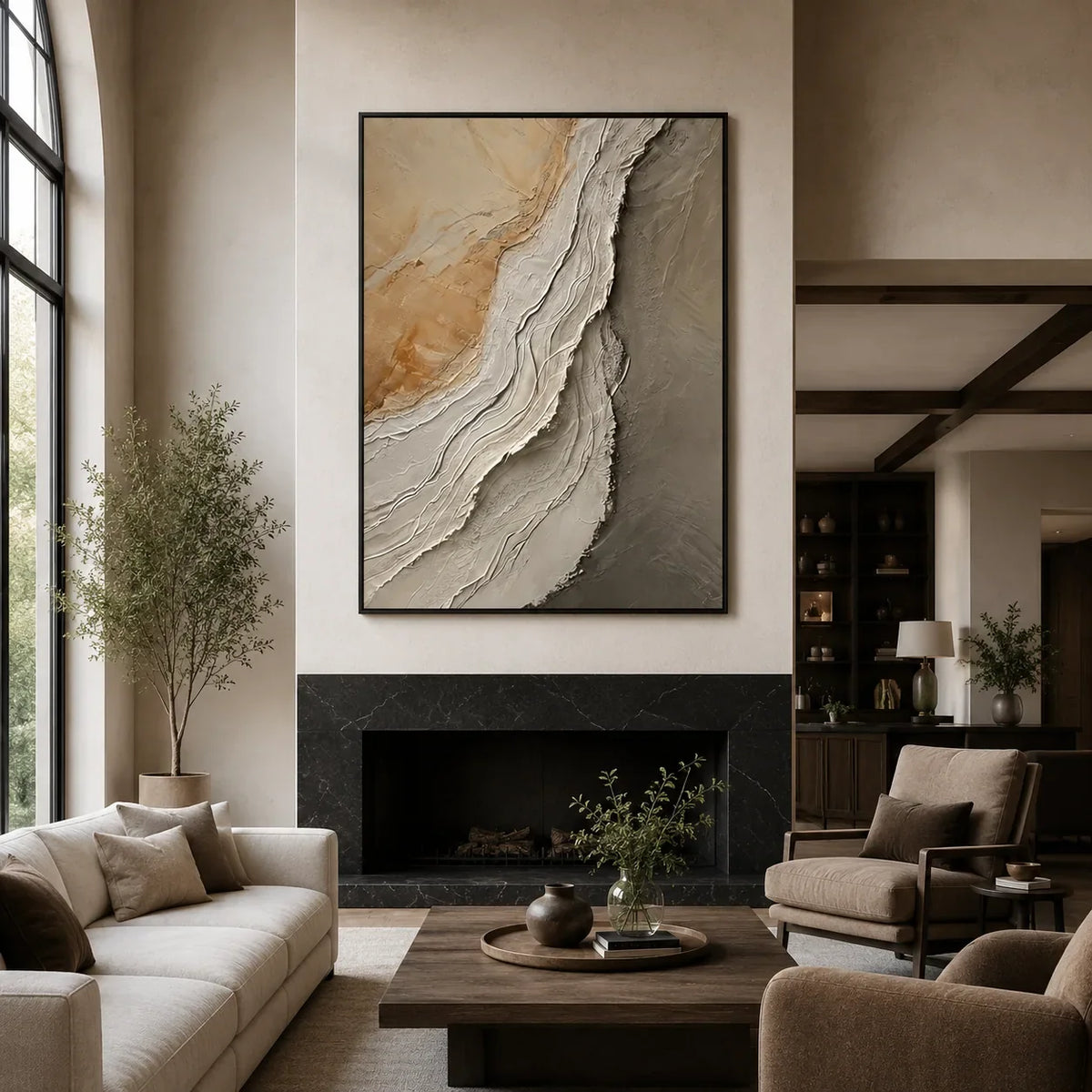 Stone Drift Textured Wall Art displayed above a sofa in a neutral interior | Olyrel