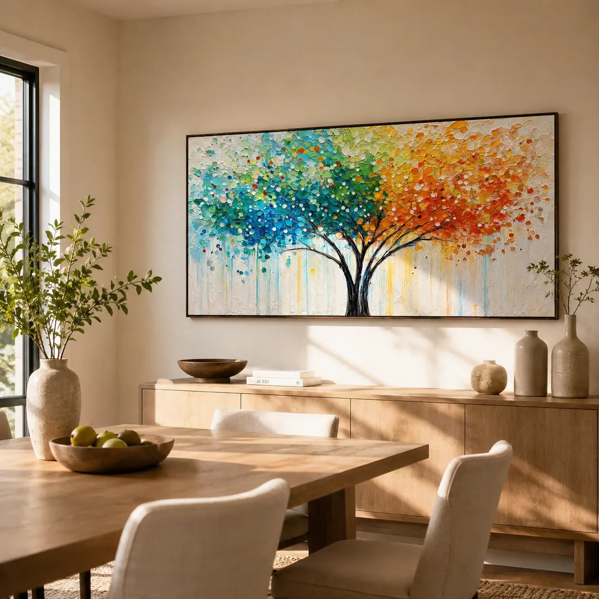 Rainbow Canopy Tree Wall Art displayed in a bright dining room | Olyrel