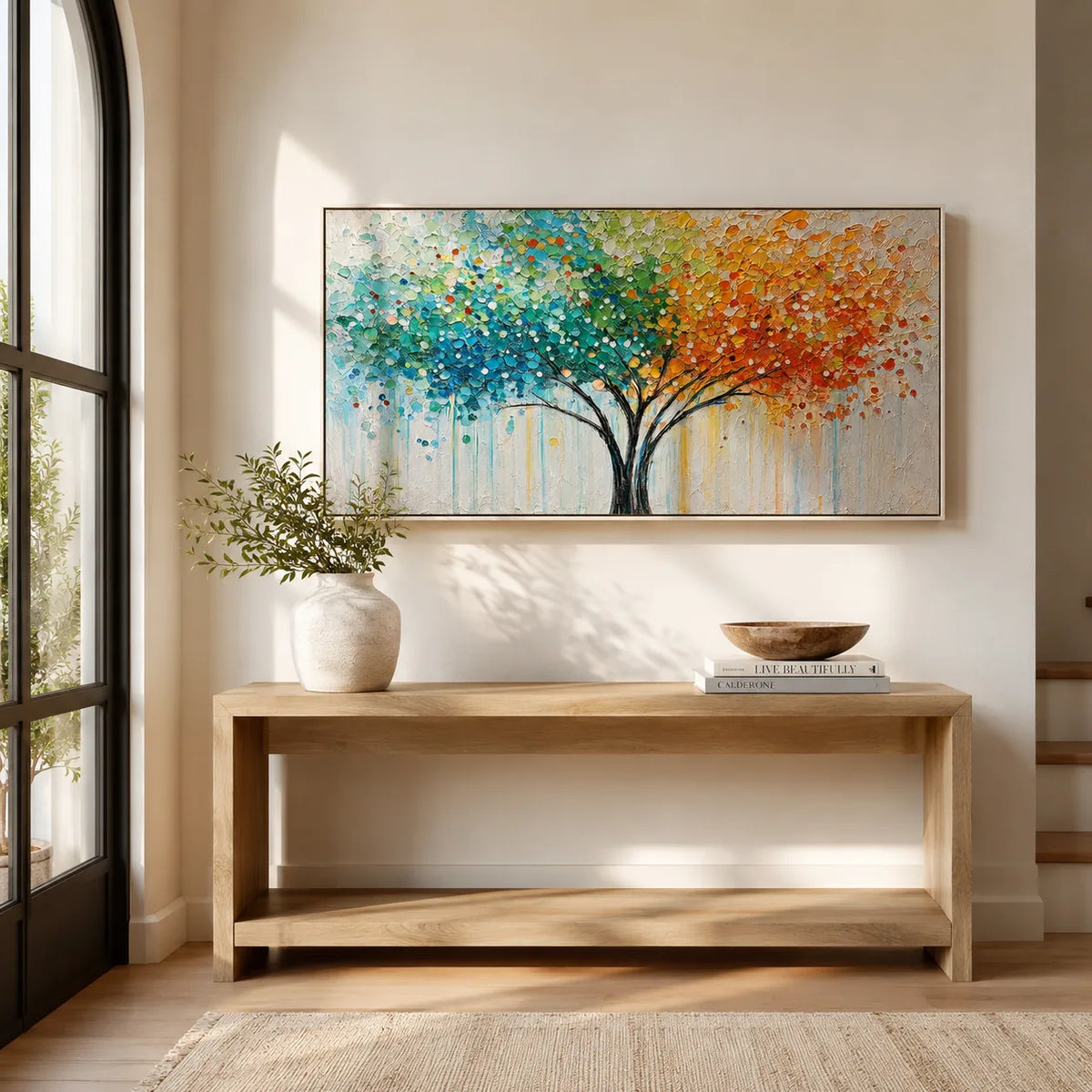 Rainbow Canopy Tree Wall Art styled in a contemporary entryway | Olyrel
