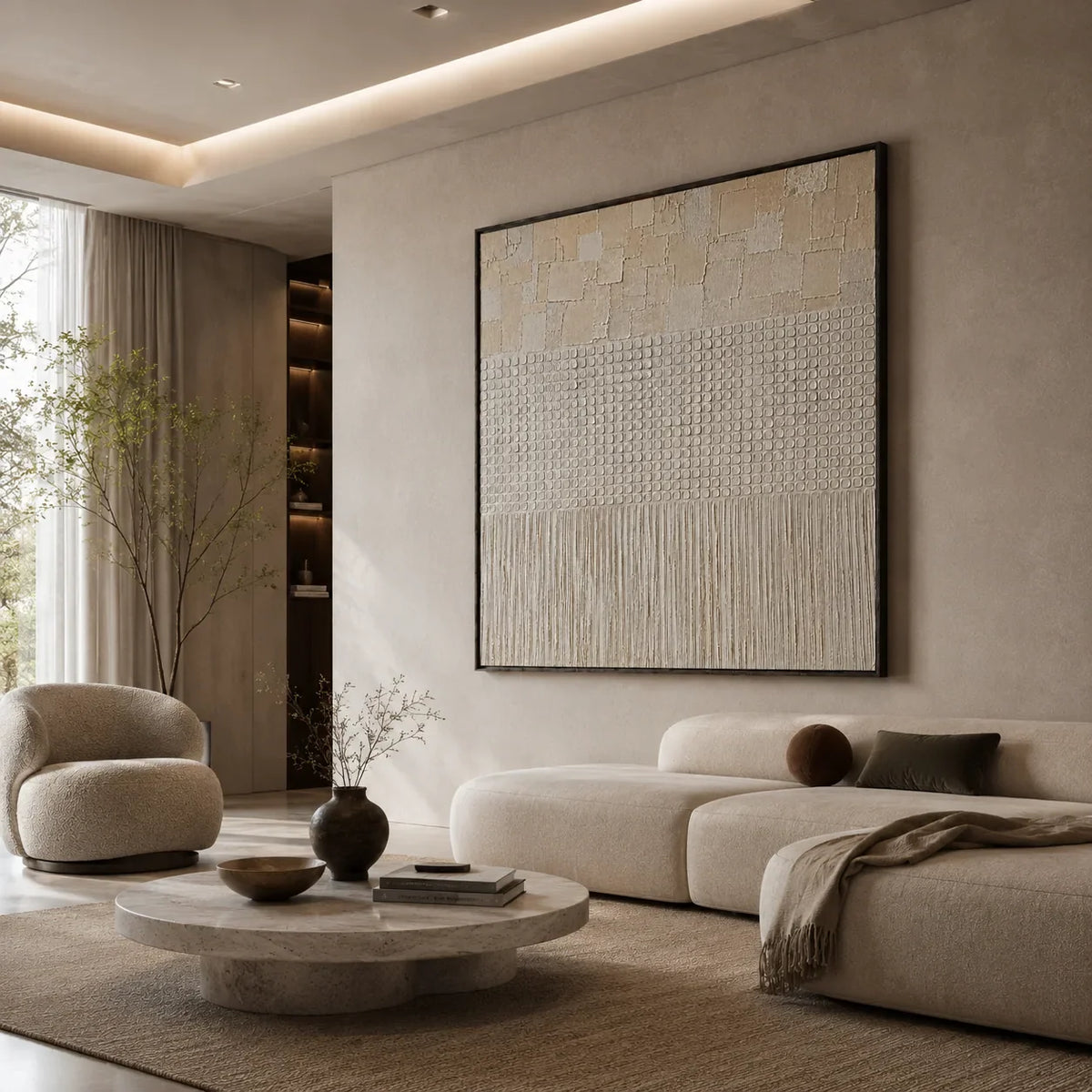 Ivory Grid Textured Wall Art styled in a modern living room | Olyrel