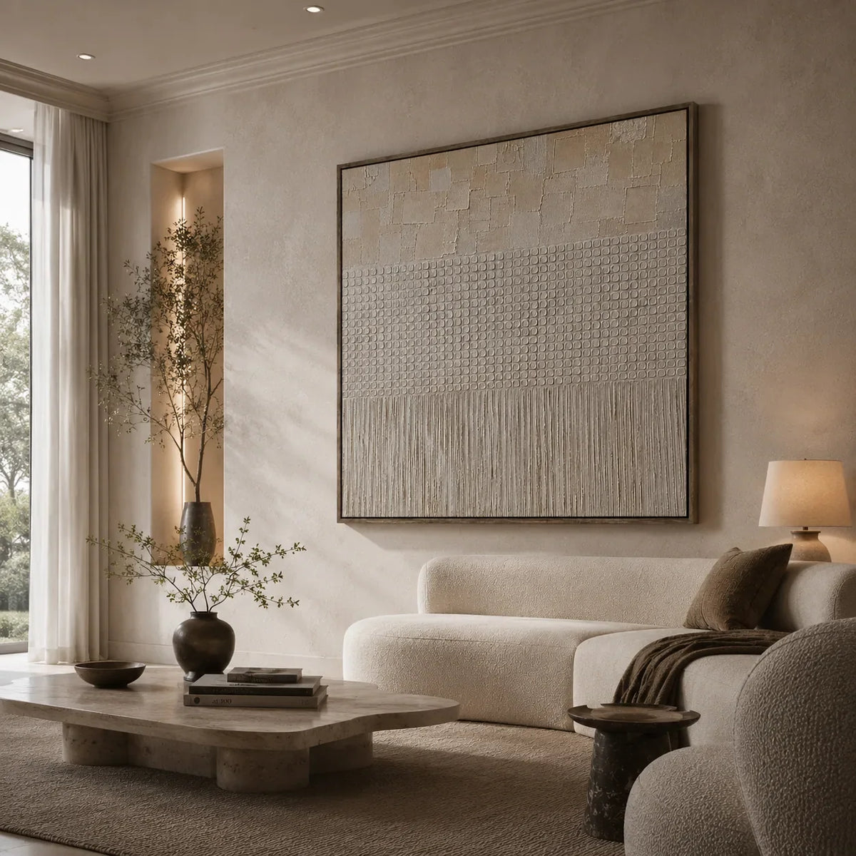 Ivory Grid Textured Wall Art displayed in a bright dining room | Olyrel