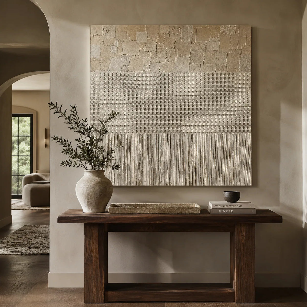 Ivory Grid Textured Wall Art shown in a quiet home office | Olyrel
