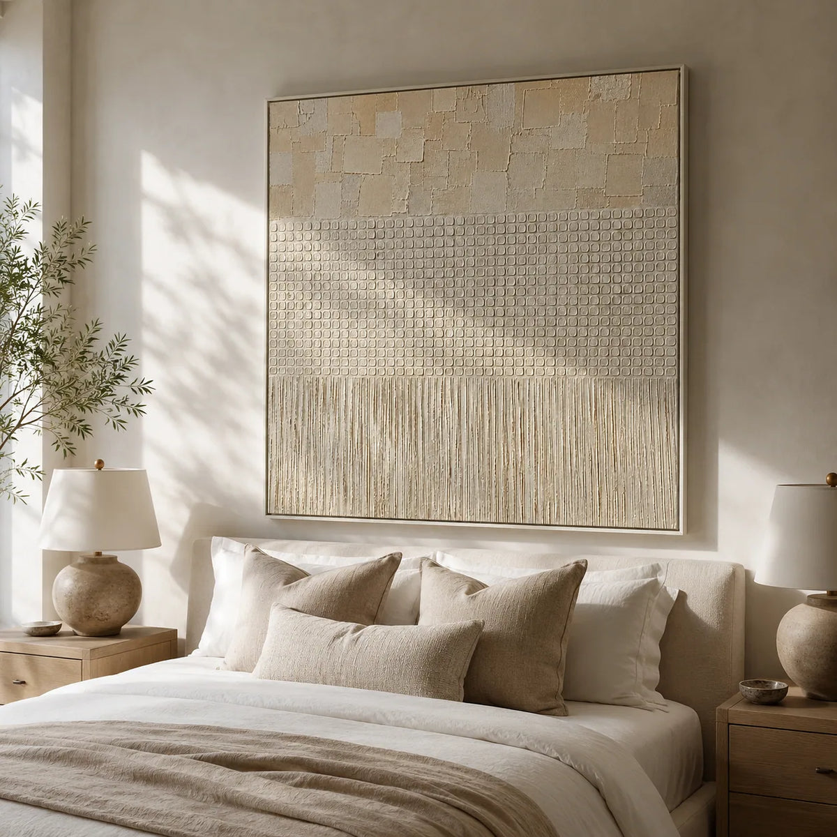 Ivory Grid Textured Wall Art displayed in a collected studio setting | Olyrel