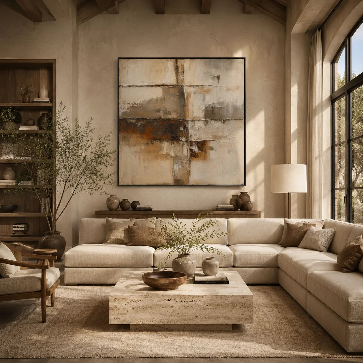 Rust Horizon Abstract Wall Art styled in a modern living room | Olyrel