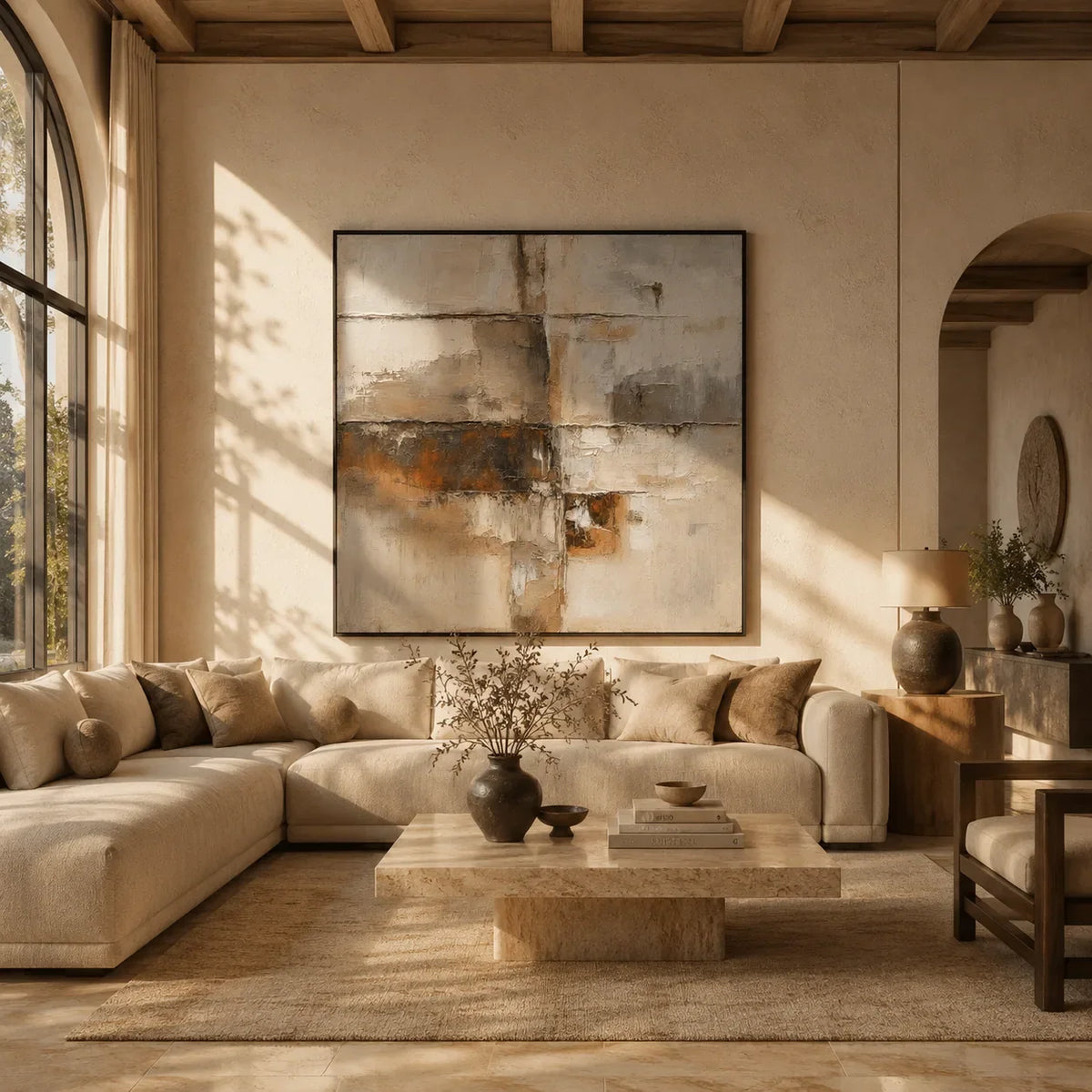 Rust Horizon Abstract Wall Art displayed above a sofa in a neutral interior | Olyrel