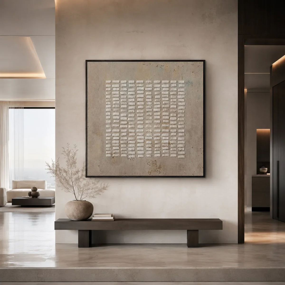 White Rhythm Textured Wall Art displayed above a sofa in a neutral interior | Olyrel