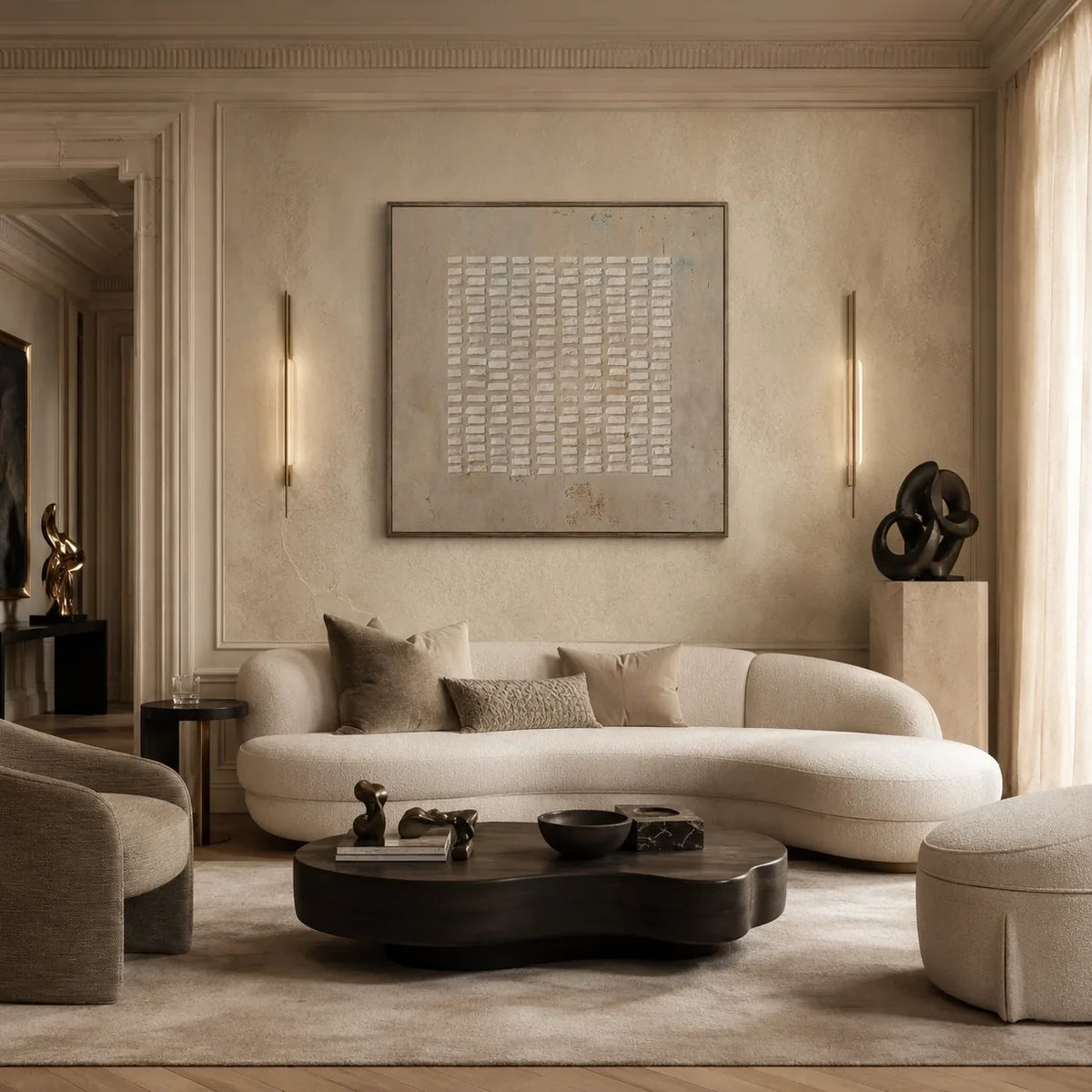 White Rhythm Textured Wall Art shown in a calm bedroom setting | Olyrel