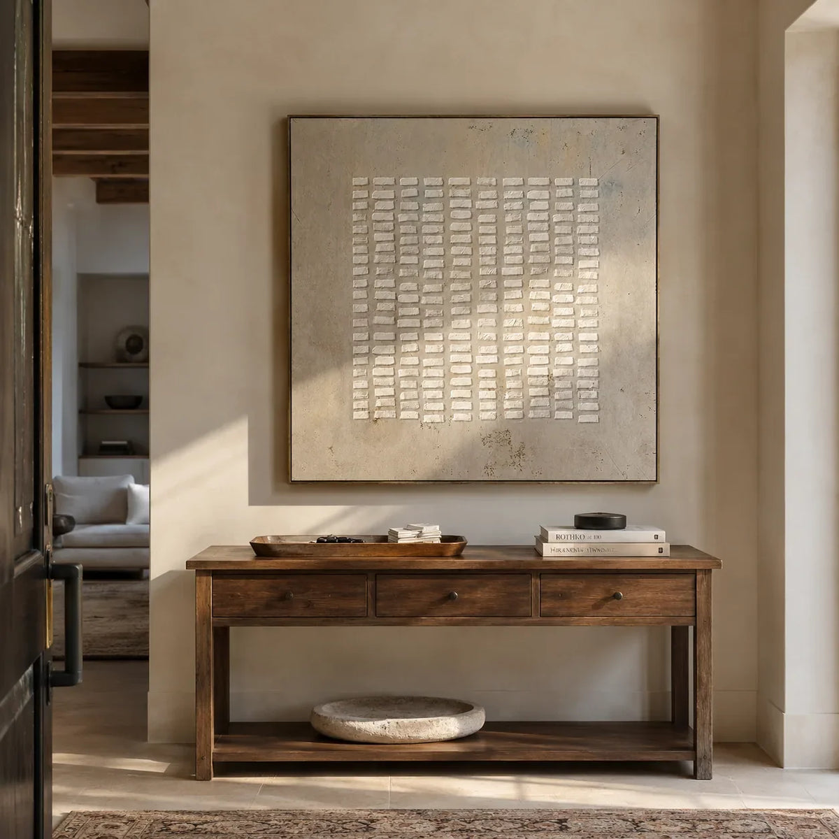White Rhythm Textured Wall Art styled in a contemporary entryway | Olyrel