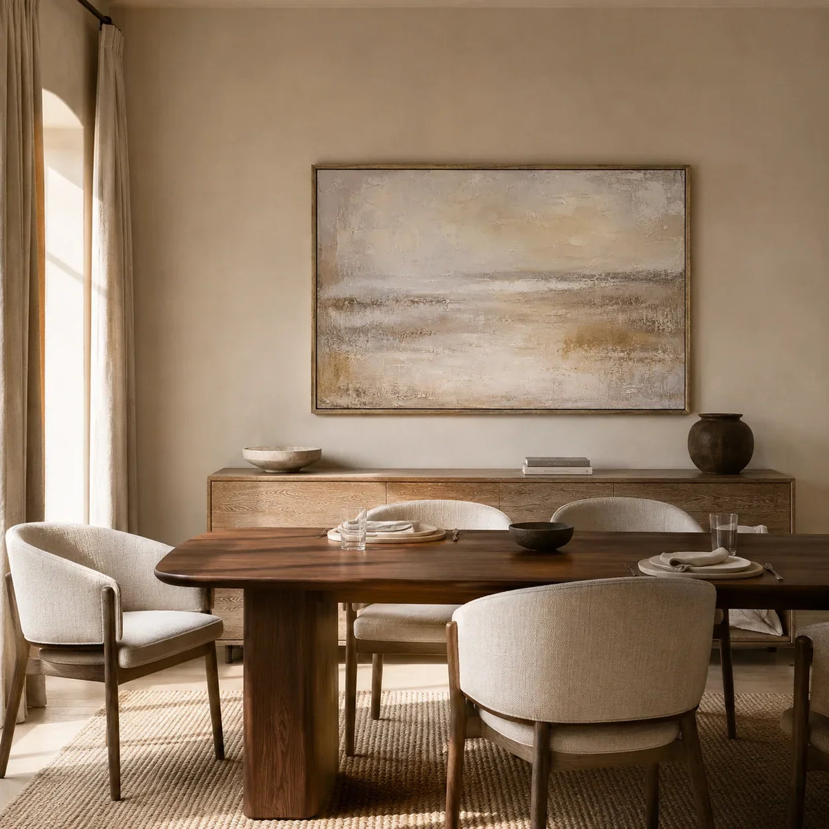 Misty Horizon Abstract Wall Art displayed in a bright dining room | Olyrel