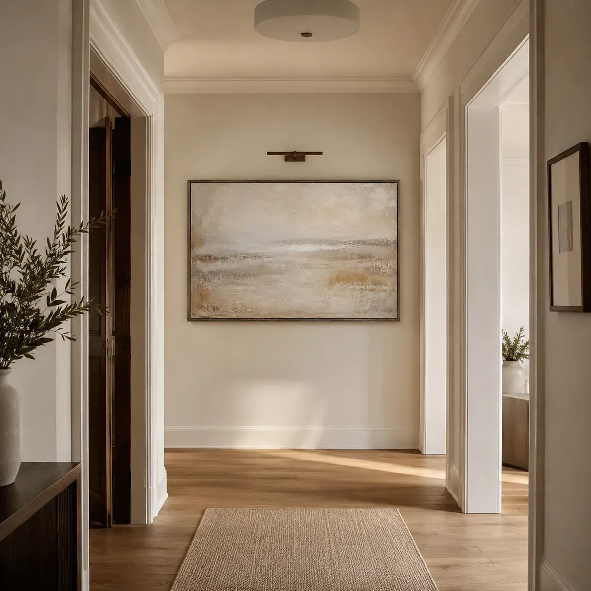 Misty Horizon Abstract Wall Art displayed in a collected studio setting | Olyrel