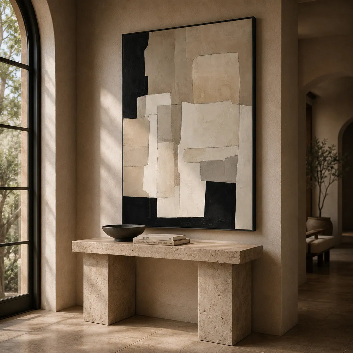 Ecru Blocks Abstract Wall Art room scene 6 | Olyrel