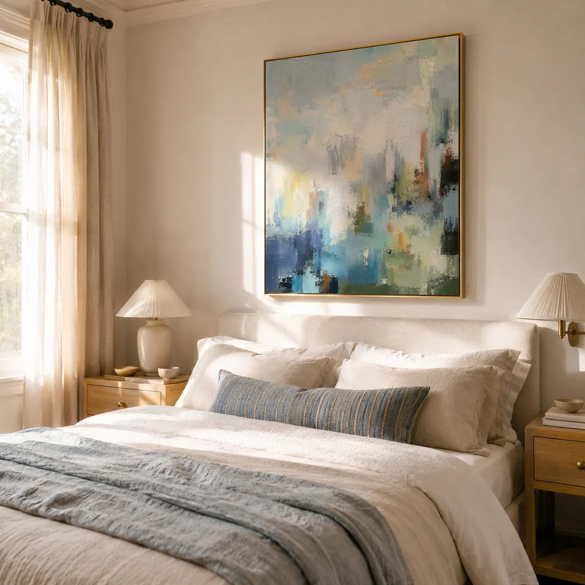 Blue Mistfall Abstract Wall Art room scene 2 | Olyrel