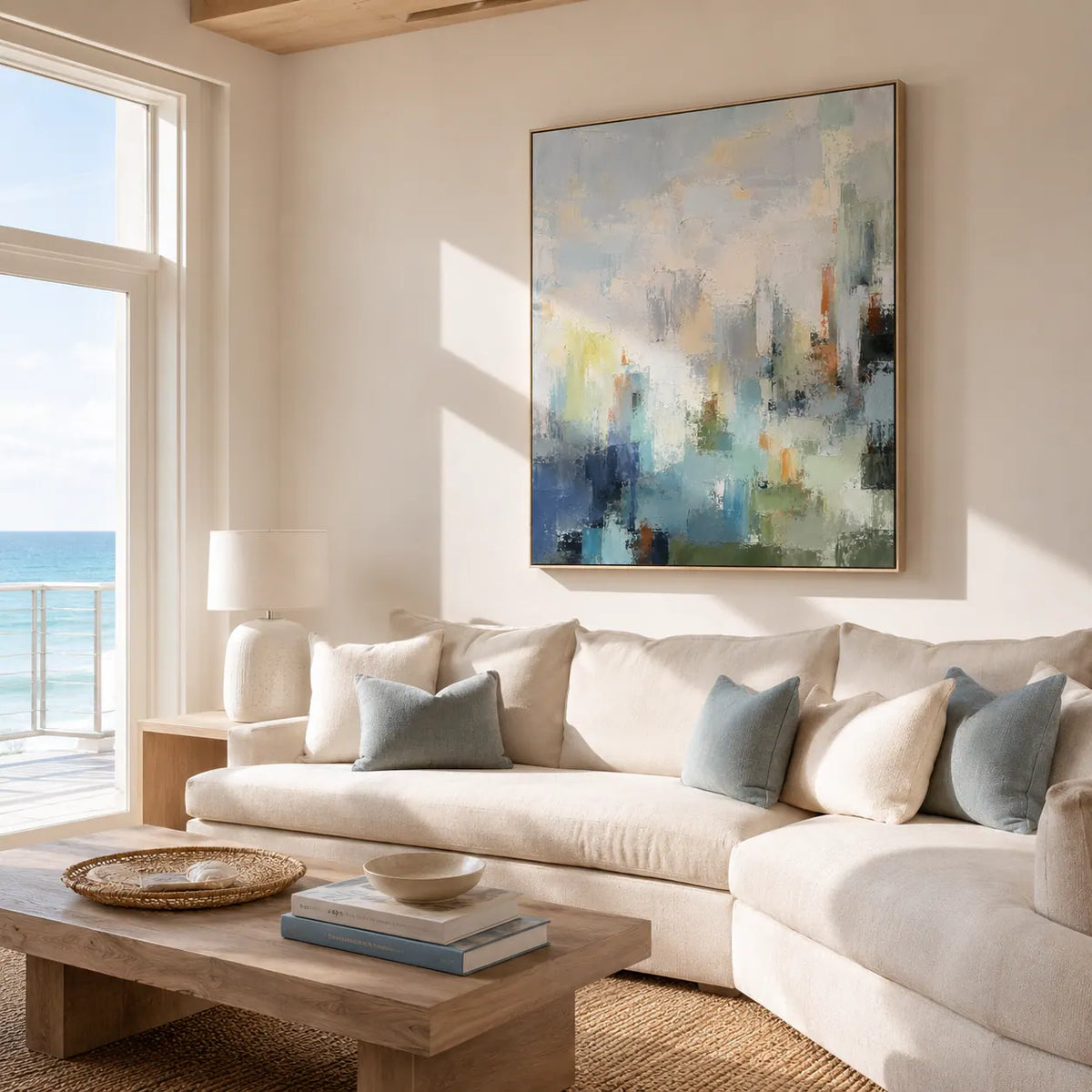Blue Mistfall Abstract Wall Art room scene 3 | Olyrel