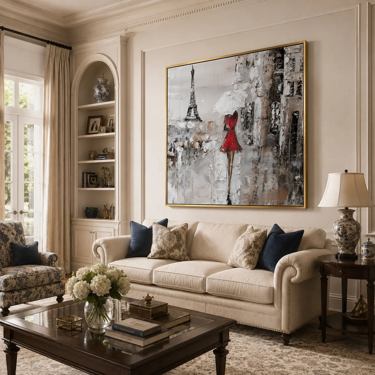 Red Dress Paris Wall Art displayed in a bright dining room | Olyrel