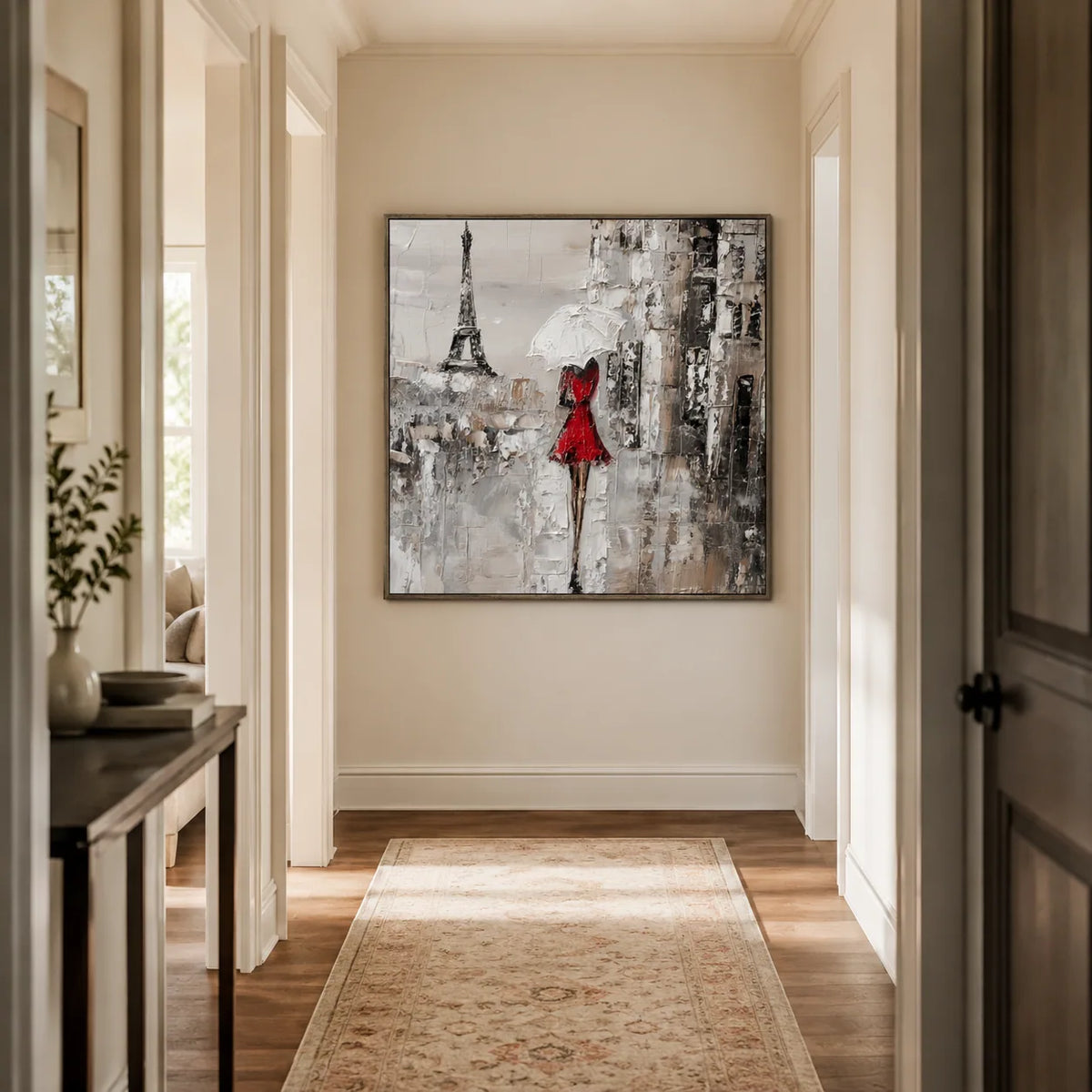 Red Dress Paris Wall Art shown in a quiet home office | Olyrel