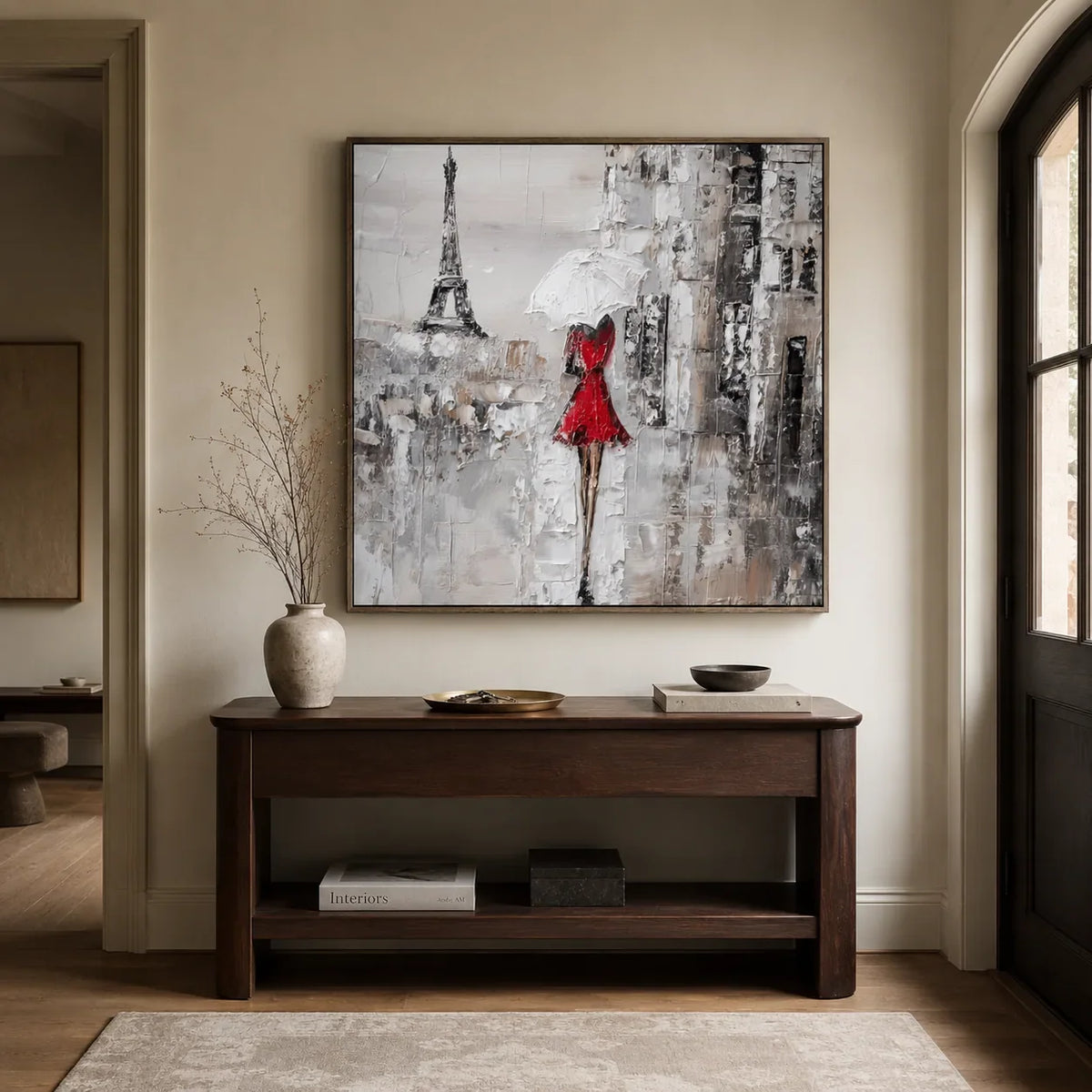Red Dress Paris Wall Art styled with minimal interior decor | Olyrel