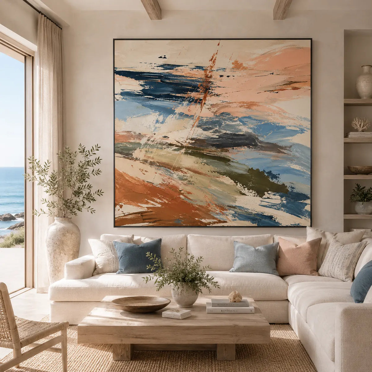 Peach Current Abstract Wall Art room scene 2 | Olyrel