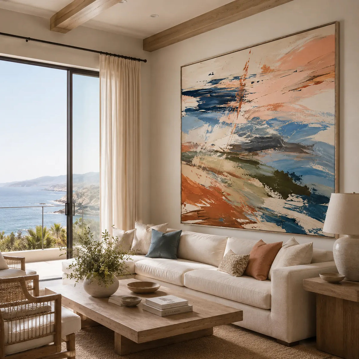 Peach Current Abstract Wall Art room scene 3 | Olyrel