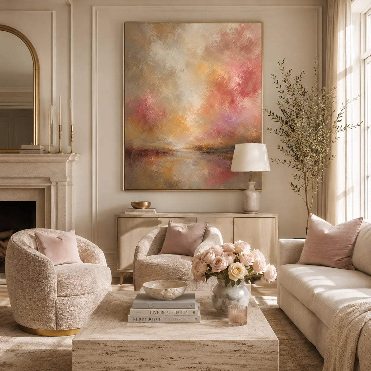 Blush Glow Abstract Wall Art room scene 5 | Olyrel