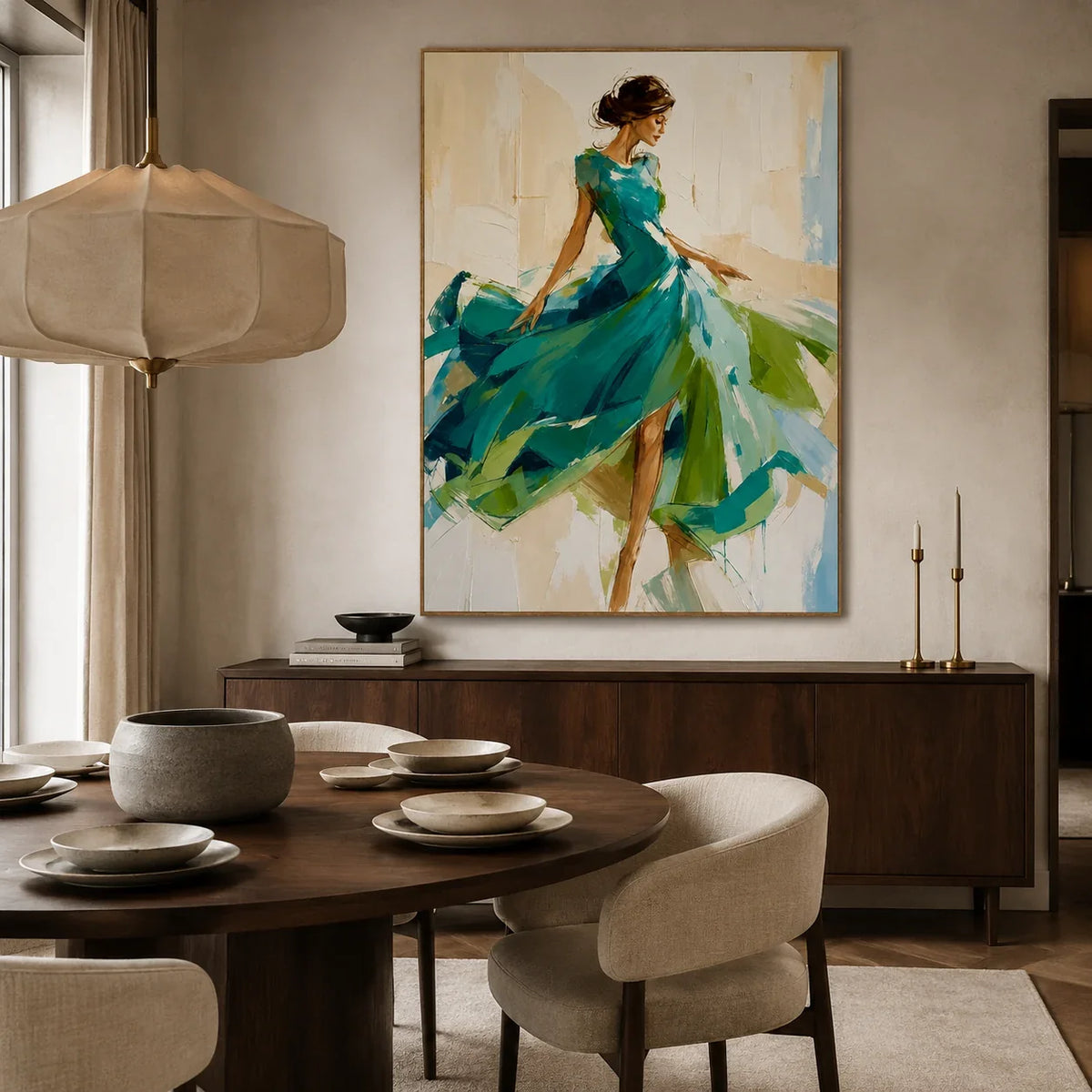 Emerald Dancer Figure Wall Art styled in a contemporary dining room | Olyrel