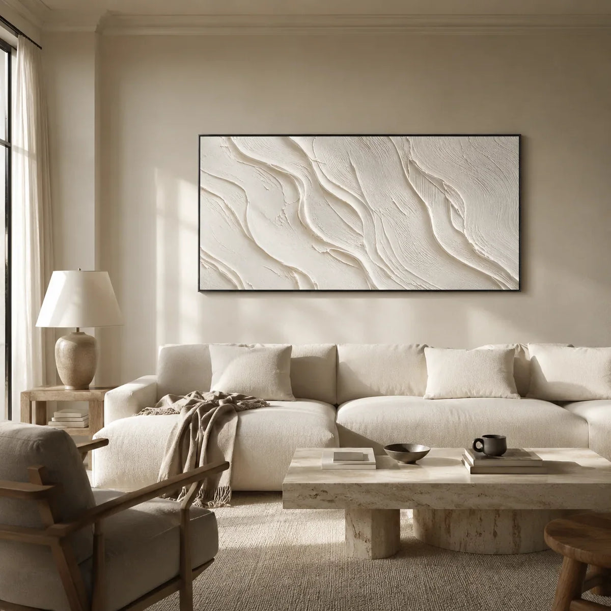 Soft Waves Textured Wall Art shown in a calm bedroom setting | Olyrel