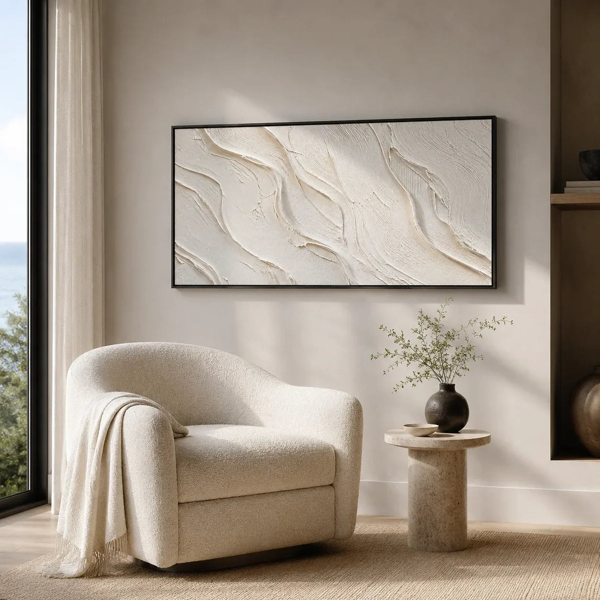 Soft Waves Textured Wall Art displayed in a bright dining room | Olyrel