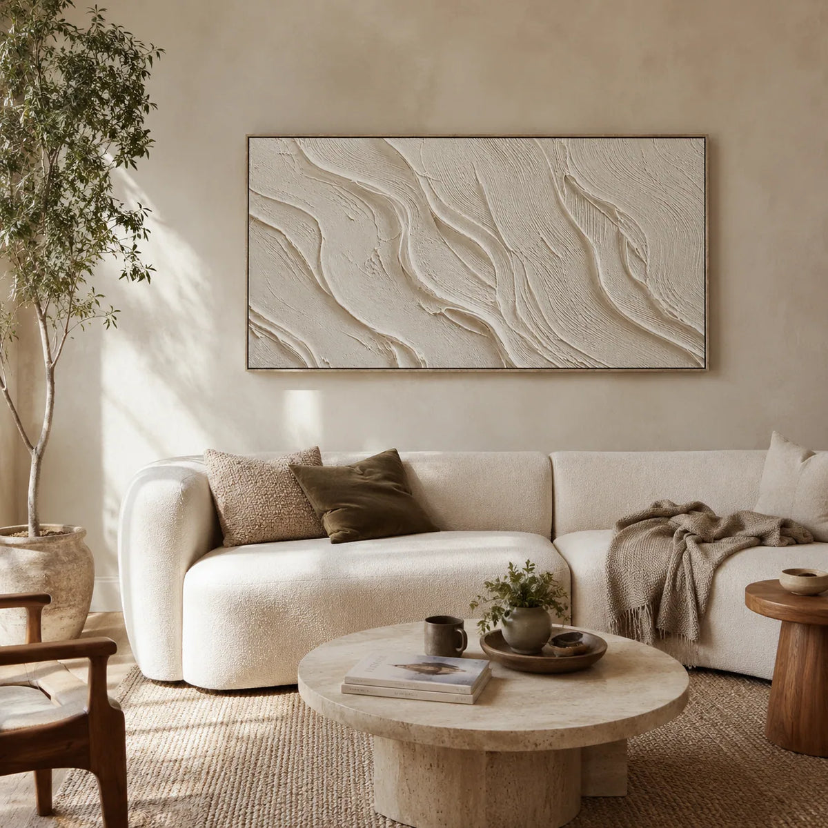 Soft Waves Textured Wall Art styled with minimal interior decor | Olyrel