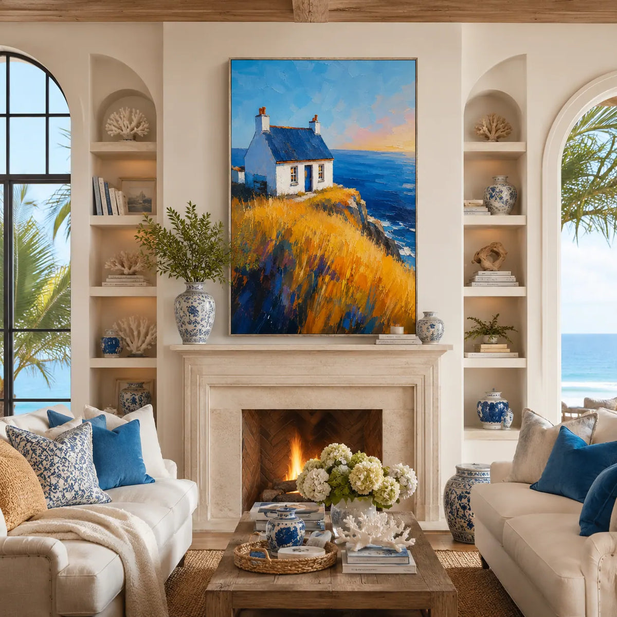 Cliff Cottage Coastal Wall Art room scene 3 | Olyrel