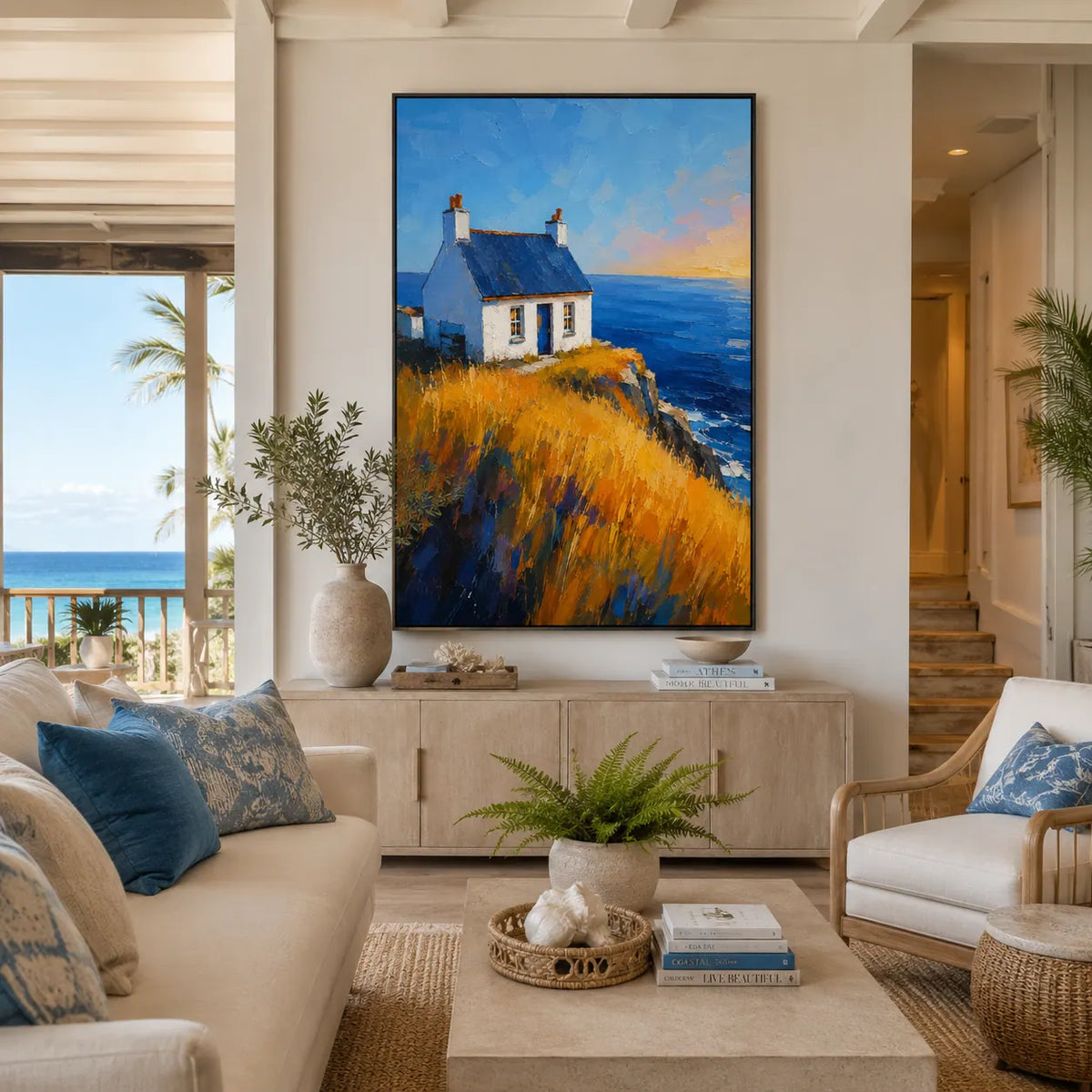 Cliff Cottage Coastal Wall Art room scene 5 | Olyrel