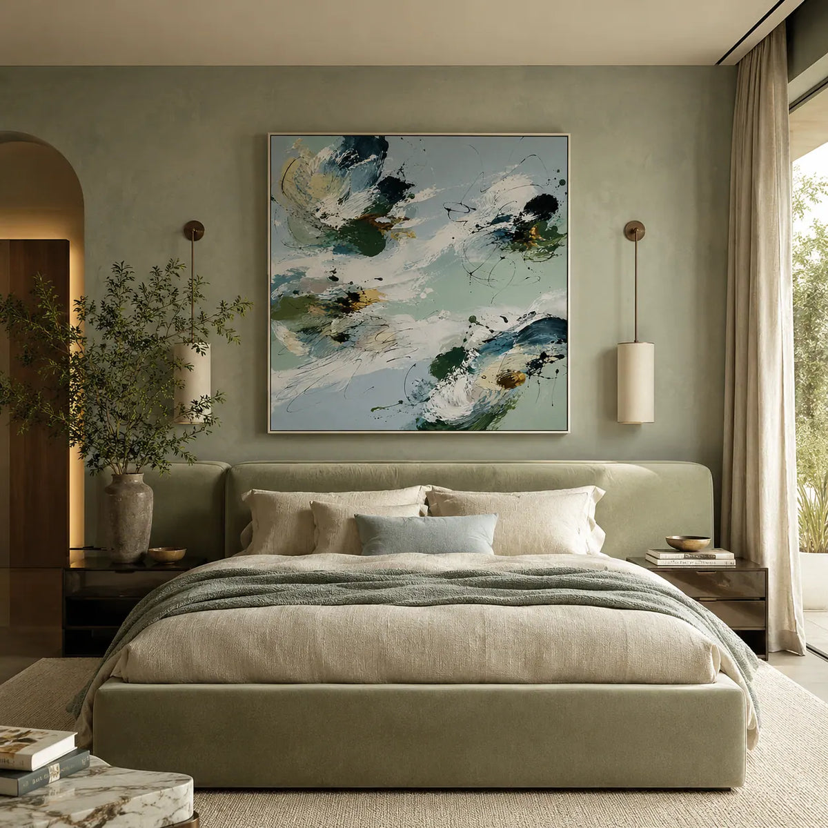 Emerald Wash Abstract Wall Art room scene 4 | Olyrel