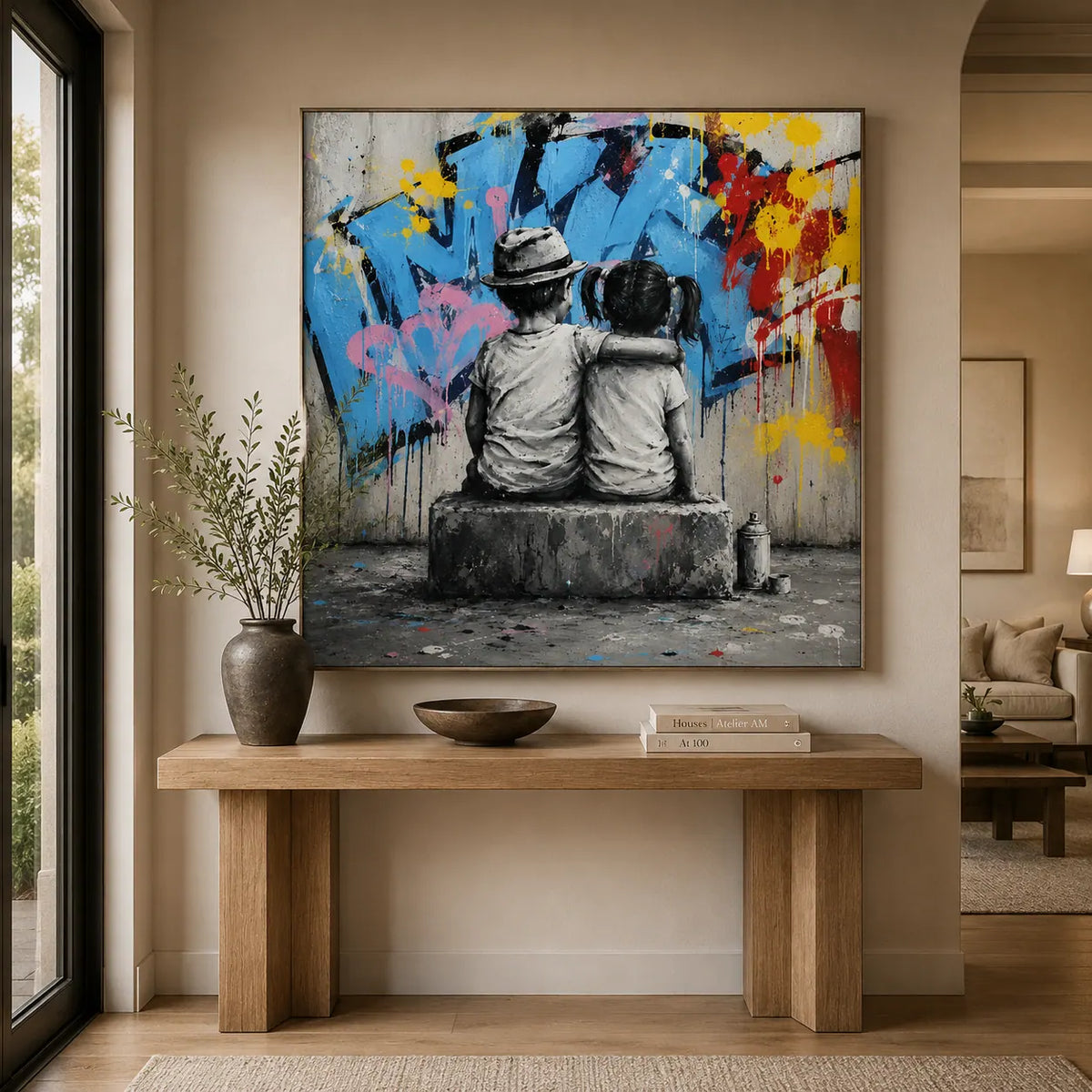 Graffiti Bench Figure Wall Art room scene 3 | Olyrel